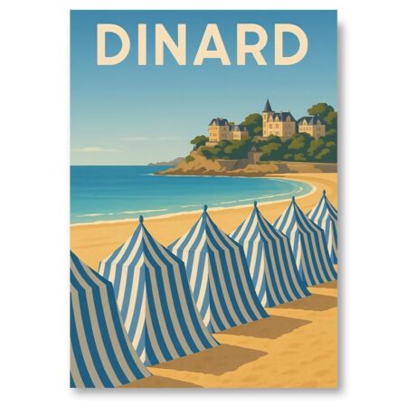 Affiche vintage de Dinard montrant une plage avec des tentes rayées bleu et blanc et des villas élégantes sur la côte