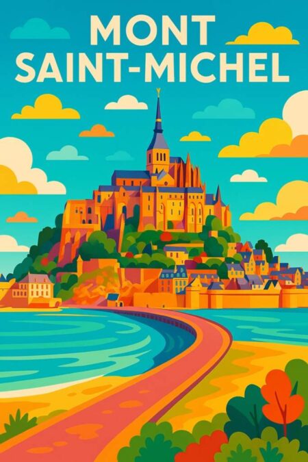 Affiche Mont Saint-Michel colorée : vue graphique de l'abbaye et de sa passerelle d'accès sous un ciel turquoise parsemé de nuages jaune-orangé.