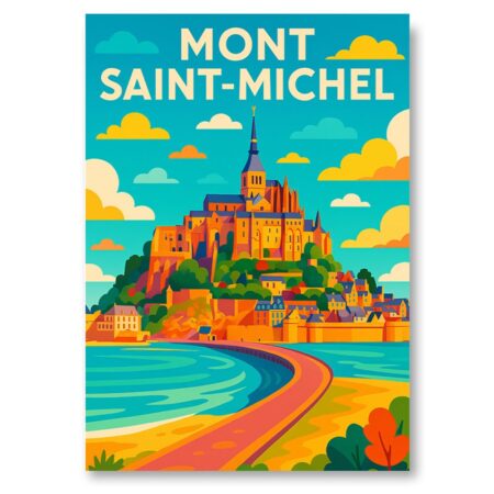 Mont Saint-Michel coloré : abbaye sur îlot rocheux relié à la baie, ciel vif.