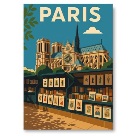 Affiche vintage de Paris montrant Notre-Dame de Paris au-dessus des étals des bouquinistes le long de la Seine.