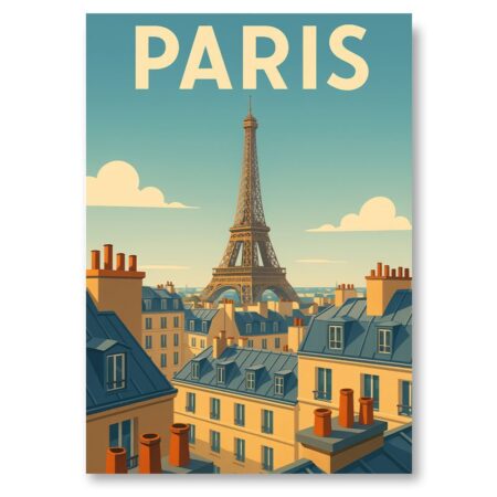 Affiche vintage de Paris montrant la Tour Eiffel dominant une vue des toits parisiens avec leurs cheminées et lucarnes caractéristiques.