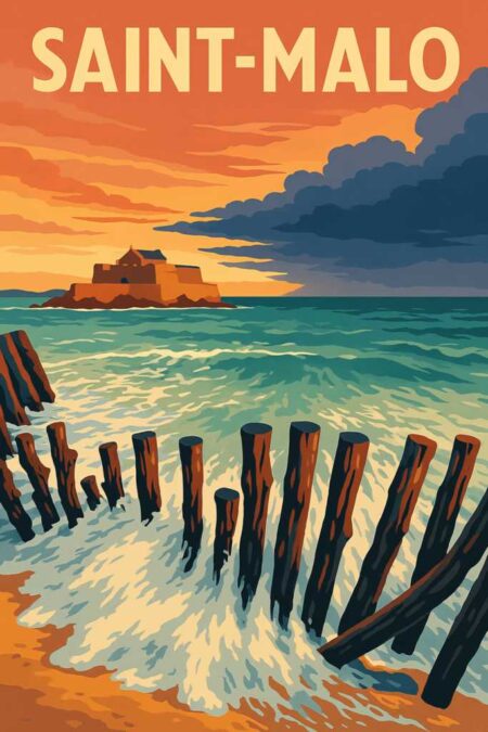 Affiche vintage Saint-Malo montrant les célèbres brise-lames en bois au premier plan avec l'écume des vagues. Au loin, le Fort National se dresse sur son îlot rocheux sous un ciel de coucher de soleil spectaculaire aux nuances orange et jaune, avec des nuages sombres sur le côté. Le nom "SAINT-MALO" est écrit en grandes lettres beiges en haut de l'image.