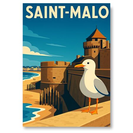 Affiche vintage de Saint-Malo montrant un goéland perché sur les remparts de la ville avec la plage en arrière-plan