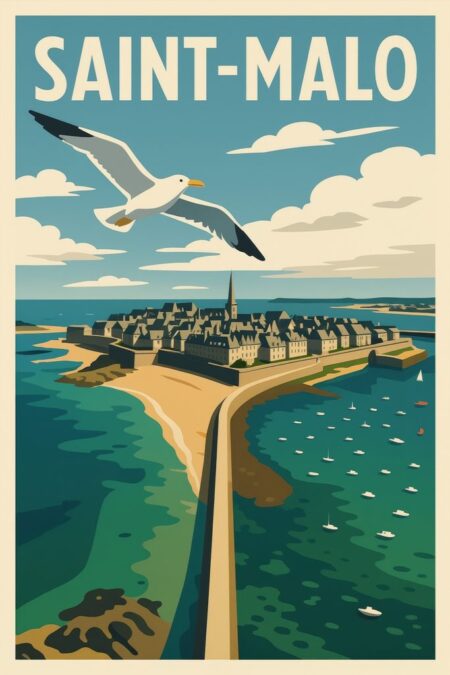 Affiche Saint-Malo avec goéland montrant une vue aérienne de la cité corsaire intra-muros avec un grand goéland en plein vol au premier plan. On y voit les remparts entourant les bâtiments en granit et la flèche de la cathédrale. La mer turquoise, la plage de sable et les nombreux petits bateaux dans le port complètent ce paysage marin sous un ciel parsemé de nuages stylisés. Le texte "SAINT-MALO" figure en haut de l'image en lettres capitales