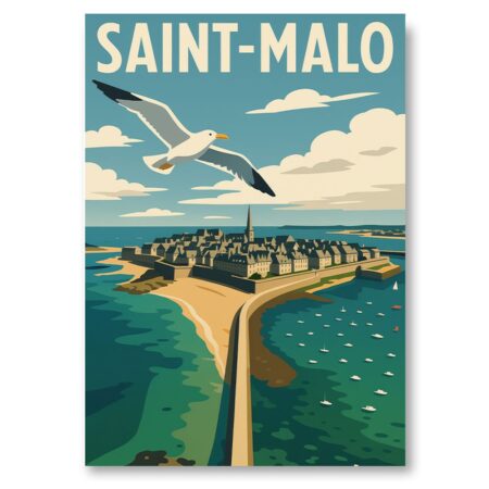 Affiche Saint-Malo Intra-muros : remparts, mer, goéland, charme breton intemporel.
