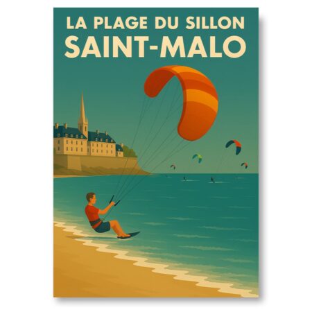 Affiche vintage Plage du Sillon - Saint Malo Kitesurf et remparts historiques en toile de fond rétro.