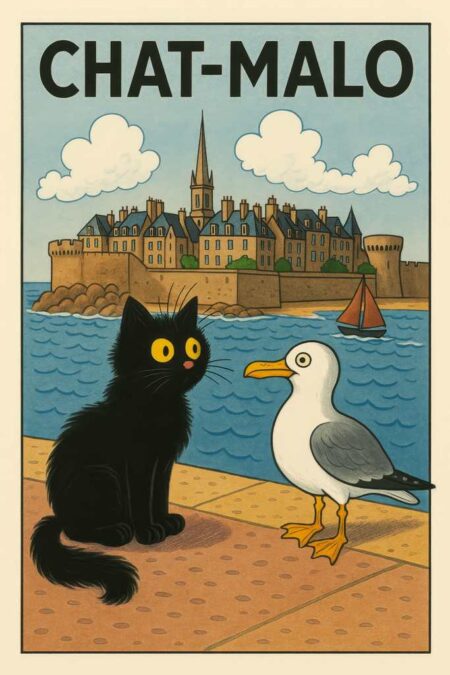 Affiche humoristique CHAT-MALO montrant un chat noir ébouriffé aux grands yeux jaunes et un goéland face à face sur un quai. En arrière-plan, on reconnaît la silhouette emblématique de la cité corsaire de Saint-Malo avec ses remparts et ses hauts toits d'ardoise, sous un ciel clair parsemé de nuages.