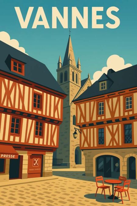 Affiche Vannes vintage : maisons à colombages typiques, terrasse de café aux chaises rouges et clocher d'église sur une place pavée.