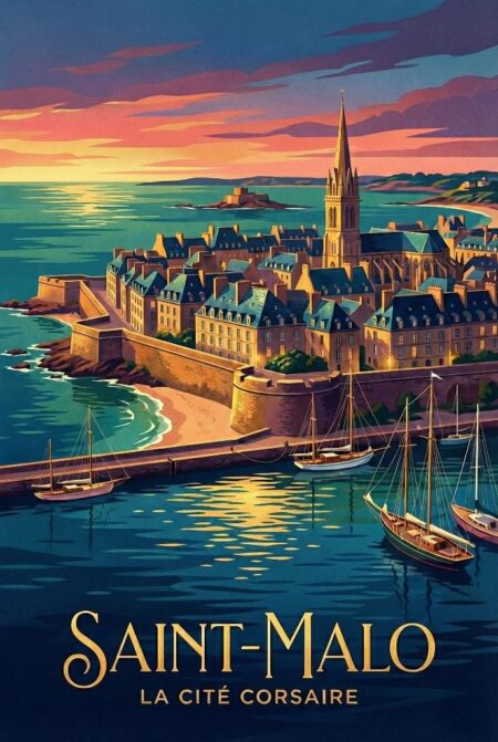 Affiche style vintage Saint-Malo la Cité Corsaire au coucher du soleil avec bateaux et remparts