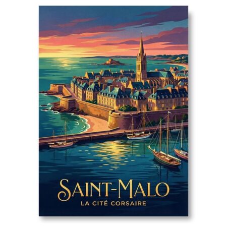 Affiche style vintage Saint-Malo la Cité Corsaire au coucher du soleil avec bateaux et remparts