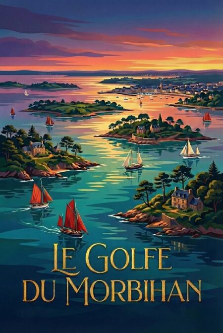 Gemini a dit Affiche de voyage vintage illustrée du Golfe du Morbihan, en Bretagne. La vue montre de nombreuses îles boisées avec des maisons en pierre, entourées d'eau turquoise remplie de voiliers à voiles blanches et rouges. Au loin, une ville côtière sous un ciel de coucher de soleil orange et violet. En bas, le texte doré en majuscules : LE GOLFE DU MORBIHAN