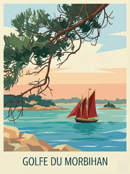 Illustration style vintage du Golfe du Morbihan. Au premier plan, des branches de pin maritime et des rochers cadrent la vue. Au centre, un voilier traditionnel (Sinagot) aux voiles rouges navigue sur une eau turquoise calme. En arrière-plan, des îles sous un ciel aux couleurs pastel (pêche et bleu). Texte en bas : "GOLFE DU MORBIHAN".