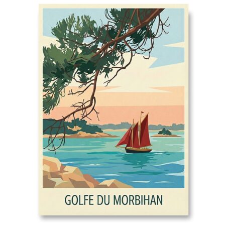 Illustration style vintage du Golfe du Morbihan. Au premier plan, des branches de pin maritime et des rochers cadrent la vue. Au centre, un voilier traditionnel (Sinagot) aux voiles rouges navigue sur une eau turquoise calme. En arrière-plan, des îles sous un ciel aux couleurs pastel (pêche et bleu). Texte en bas : "GOLFE DU MORBIHAN".