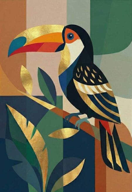 Affiche toucan art déco représentant une illustration géométrique de toucan exotique avec des rehauts dorés sur son bec et son plumage, perché sur une branche stylisée au milieu de feuilles tropicales, sur un fond de mosaïque aux teintes terracotta, bleu marine et vert sauge.