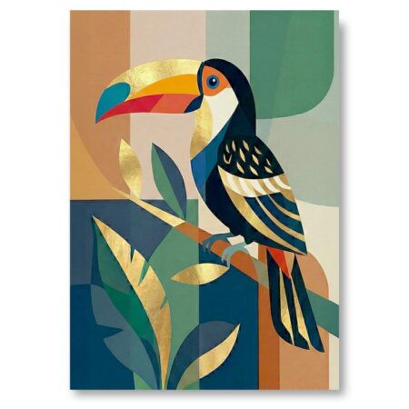Illustration graphique d'un toucan posé sur une branche, style art déco avec formes géométriques, couleurs vert émeraude et détails dorés.