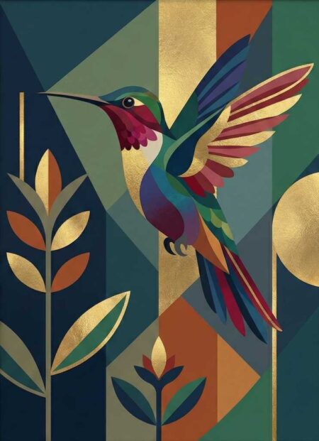 Illustration graphique d'un colibri en plein vol, style art déco avec formes géométriques, couleurs vert émeraude, touches rouges et détails dorés.