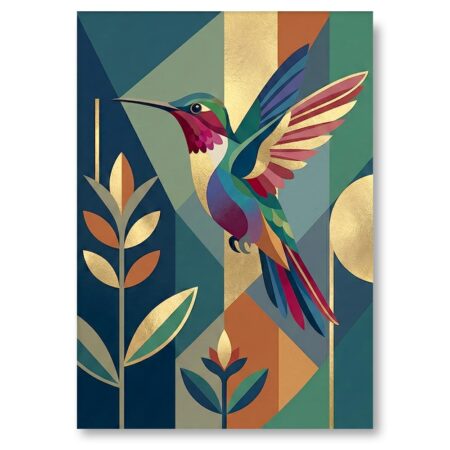 Illustration graphique d'un colibri en plein vol, style art déco avec formes géométriques, couleurs vert émeraude, touches rouges et détails dorés.