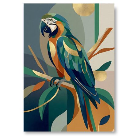 Illustration graphique d'un perroquet ara bleu et jaune posé sur une branche, style art déco avec formes géométriques, couleurs bleu nuit et détails dorés.