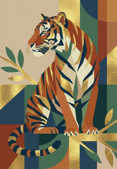Illustration graphique d'un tigre assis de profil, style art déco avec formes géométriques, couleurs orange, vert émeraude et détails dorés.