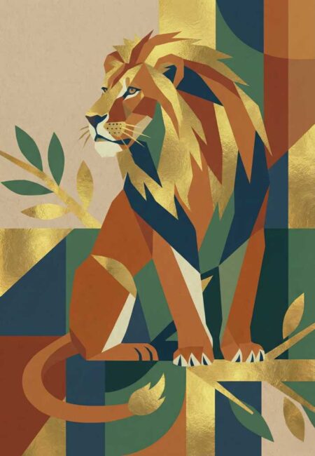 Illustration graphique d'un lion assis de profil, style art déco avec crinière géométrique dorée et fond vert émeraude.