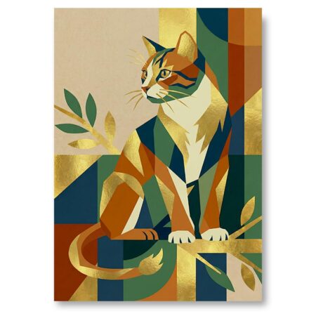 Illustration style Art Déco d'un chat assis de profil, composé de formes géométriques colorées (orange, blanc, bleu) avec des détails dorés, sur fond de feuillage stylisé vert et or.