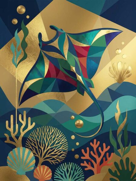 Illustration graphique d'une raie manta nageant au-dessus de coraux dorés, style art déco avec formes géométriques, nuances de bleu et turquoise.