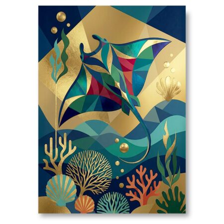 Illustration graphique d'une raie manta nageant au-dessus de coraux dorés, style art déco avec formes géométriques, nuances de bleu et turquoise.