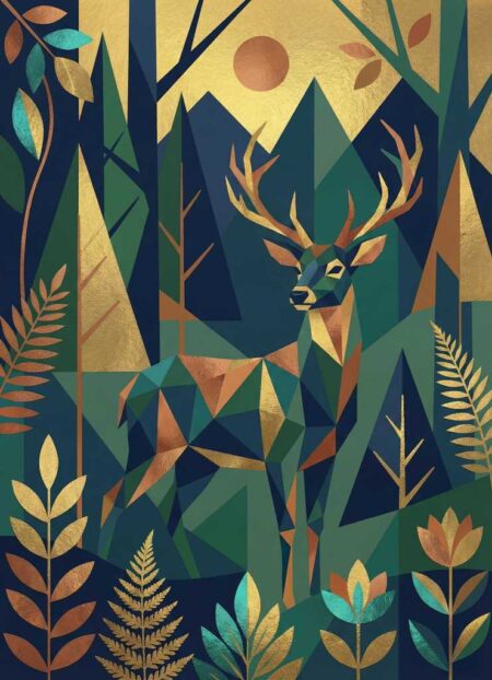 Illustration graphique d'un cerf debout dans une forêt stylisée, style art déco avec formes géométriques, nuances de vert, bleu et détails dorés.