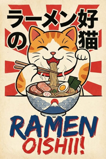 Affiche vintage style japonais chat roux mangeant des ramen avec des baguettes
