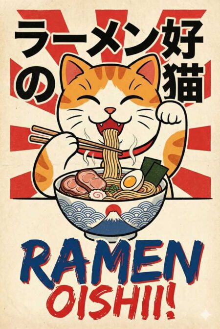 Affiche vintage style japonais chat roux mangeant des ramen avec des baguettes