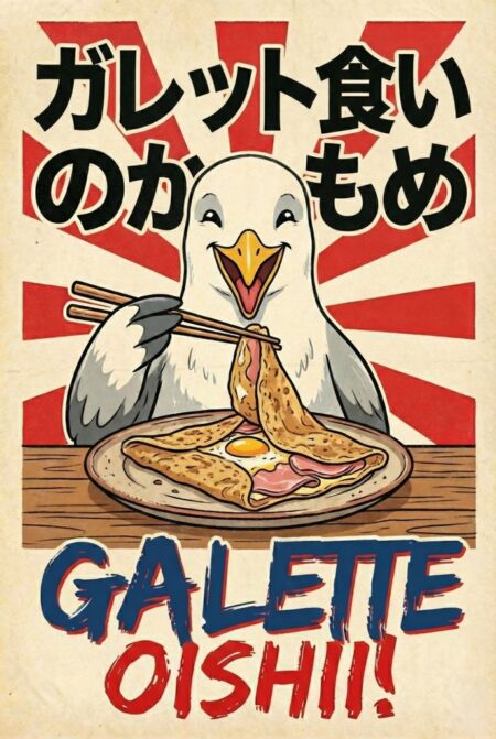 Illustration style poster manga japonais d'un goéland souriant mangeant une galette complète avec des baguettes. Inscriptions japonaises et soleil levant en fond.