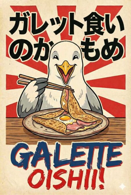 Illustration style poster manga japonais d'un goéland souriant mangeant une galette complète avec des baguettes. Inscriptions japonaises et soleil levant en fond.