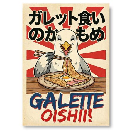 Affiche décoration style japonais mouette bretonne mangeant une galette