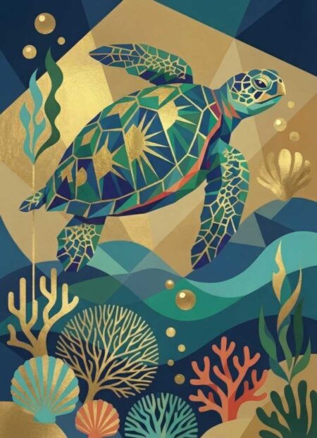 Illustration graphique d'une tortue de mer nageant parmi les coraux, style art déco avec carapace géométrique verte et dorée sur fond bleu.