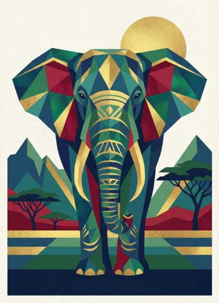 Illustration graphique d'un éléphant de profil marchant dans la savane, style art déco avec formes géométriques grises et détails dorés.