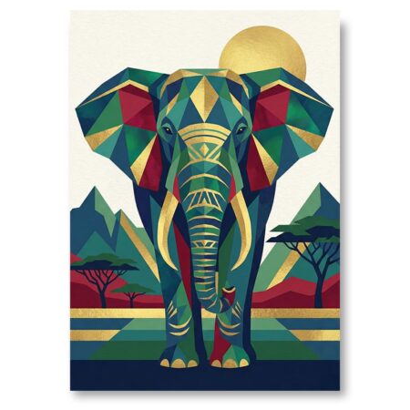 Illustration graphique d'un éléphant de profil marchant dans la savane, style art déco avec formes géométriques grises et détails dorés.