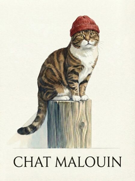 Affiche chat malouin représentant une illustration à l'aquarelle d'un chat tigré portant un bonnet rouge, assis fièrement sur un poteau de bois (duc-d'albe) avec l'inscription CHAT MALOUIN en noir en bas.