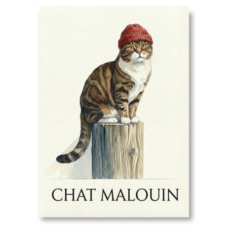 Affiche Chat Malouin : Illustration style aquarelle sur fond blanc d'un chat tigré portant un bonnet de marin rouge, assis sur un poteau en bois. Texte en bas : "CHAT MALOUIN".