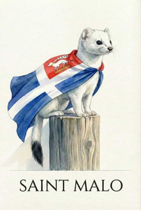 Illustration à l'aquarelle d'une hermine blanche au regard doux, assise sur un poteau de bois. Elle porte sur ses épaules le drapeau de Saint-Malo (croix rouge sur fond blanc et quartier bleu avec hermine) en guise de cape. En bas de l'affiche, le texte 'SAINT MALO' est écrit en lettres capitales noires.