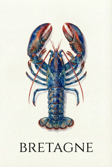 Illustration à l'aquarelle d'un homard bleu vu de dessus, avec des touches orangées sur les pinces et la queue. Le mot 'BRETAGNE' est inscrit en capitales noires en bas sur un fond blanc cassé.