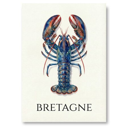 Illustration à l'aquarelle d'un homard bleu vu de dessus, avec des touches orangées sur les pinces et la queue. Le mot 'BRETAGNE' est inscrit en capitales noires en bas sur un fond blanc cassé.