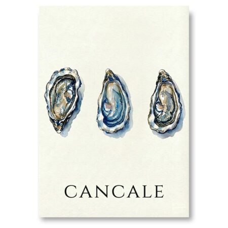 Affiche Huitres de Cancale : Illustration style aquarelle de trois huîtres ouvertes alignées horizontalement, avec le texte "CANCALE" en noir en bas, sur fond crème texturé.