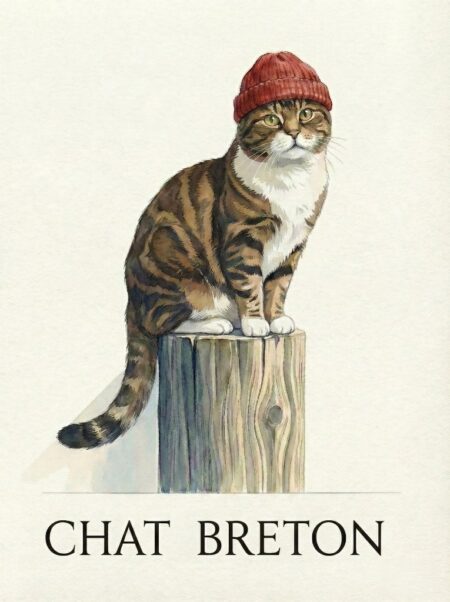 Affiche chat breton représentant une illustration à l'aquarelle d'un chat tigré portant un bonnet rouge, assis fièrement sur un poteau de bois (duc-d'albe) avec l'inscription CHAT BRETON en noir en bas.