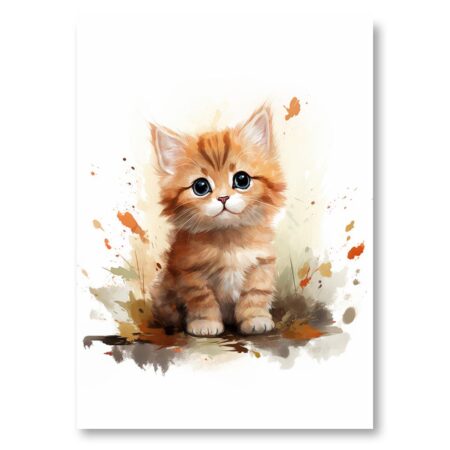 Illustration style aquarelle d'un chaton roux ébouriffé assis de face avec de grands yeux bleus, sur fond de taches de peinture orange et ocre.