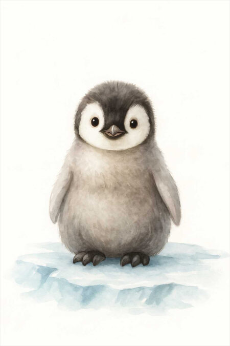Illustration style aquarelle d'un bébé manchot (pingouin) gris et blanc, debout de face sur un petit morceau de glace, regard mignon.