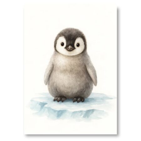 Illustration style aquarelle d'un bébé manchot (pingouin) gris et blanc, debout de face sur un petit morceau de glace, regard mignon.