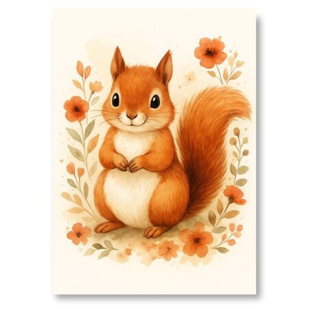 Illustration style aquarelle d'un écureuil roux debout sur ses pattes arrière, entouré de fleurs oranges et de feuilles vertes sur fond beige.