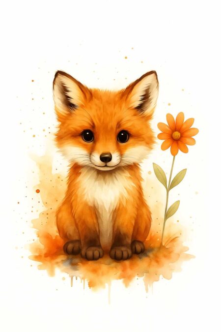 Illustration style aquarelle d'un bébé renard roux assis à côté d'une fleur orange, sur fond blanc. Regard mignon et couleurs chaudes.