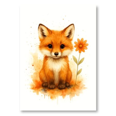 Illustration style aquarelle d'un bébé renard roux assis à côté d'une fleur orange, sur fond blanc. Regard mignon et couleurs chaudes.