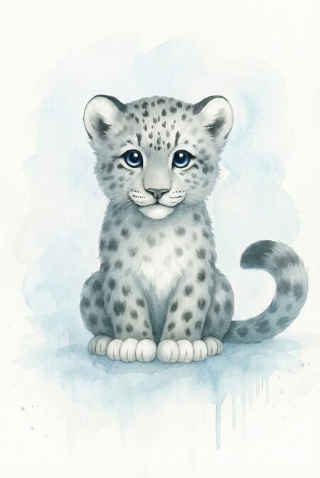 Illustration style aquarelle d'un bébé panthère des neiges assis, pelage gris et blanc tacheté, grands yeux bleus, sur fond de taches bleu glacé.